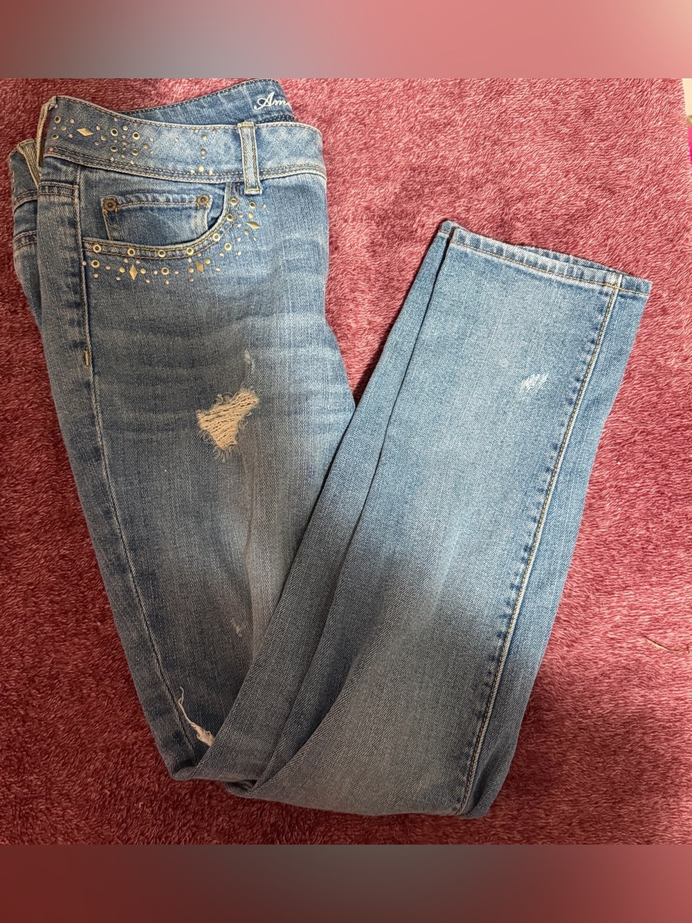 Women’s Light Blue Distressed Jeans with Stud Detail
